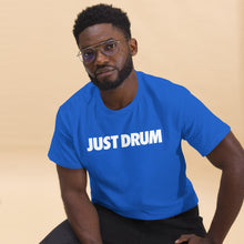 Load image into Gallery viewer, The Just Drum Blue Tee from Drum Club Global — clean, intentional drummer apparel designed for percussionists who wear their identity with confidence. Shop now.