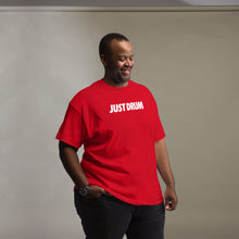 Load image into Gallery viewer, Drum Club Global's Just Drum Tee in red is built for drummers who show up and do the work. Premium unisex fit, bold chest print, ships from Nashville. Shop drumclubglobal.com