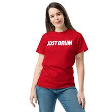 Load image into Gallery viewer, The Just Drum Red Tee from Drum Club Global — clean, intentional drummer apparel designed for percussionists who wear their identity with confidence. Shop now.
