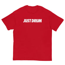 Load image into Gallery viewer, The Just Drum Tee is now available in red. Premium unisex drummer apparel from Drum Club Global — wear your craft with intention every day. Shop now at drumclubglobal.com