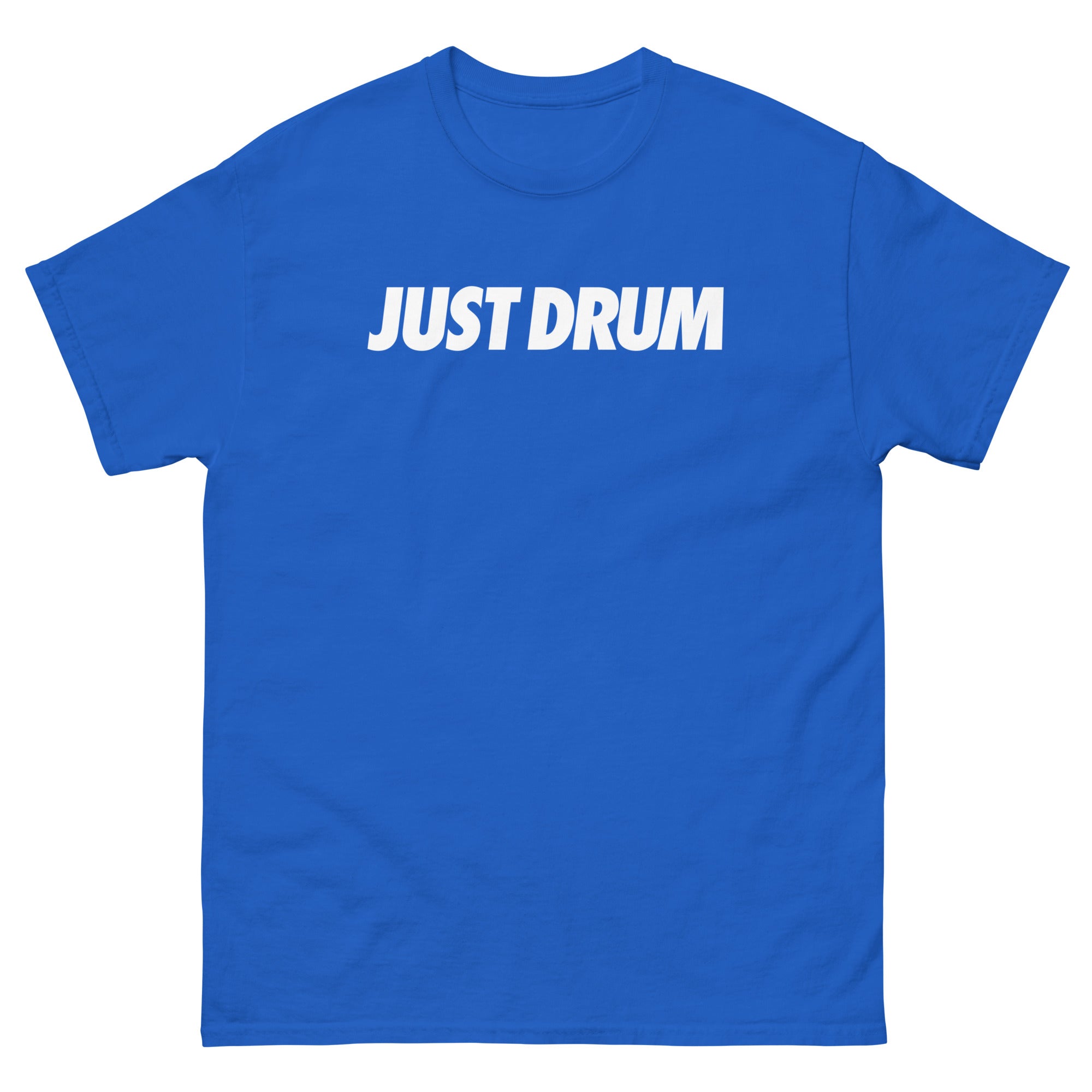 The Just Drum Tee is now available in blue. Premium unisex drummer apparel from Drum Club Global — wear your craft with intention every day. Shop now at drumclubglobal.com