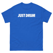 Load image into Gallery viewer, The Just Drum Tee is now available in blue. Premium unisex drummer apparel from Drum Club Global — wear your craft with intention every day. Shop now at drumclubglobal.com

