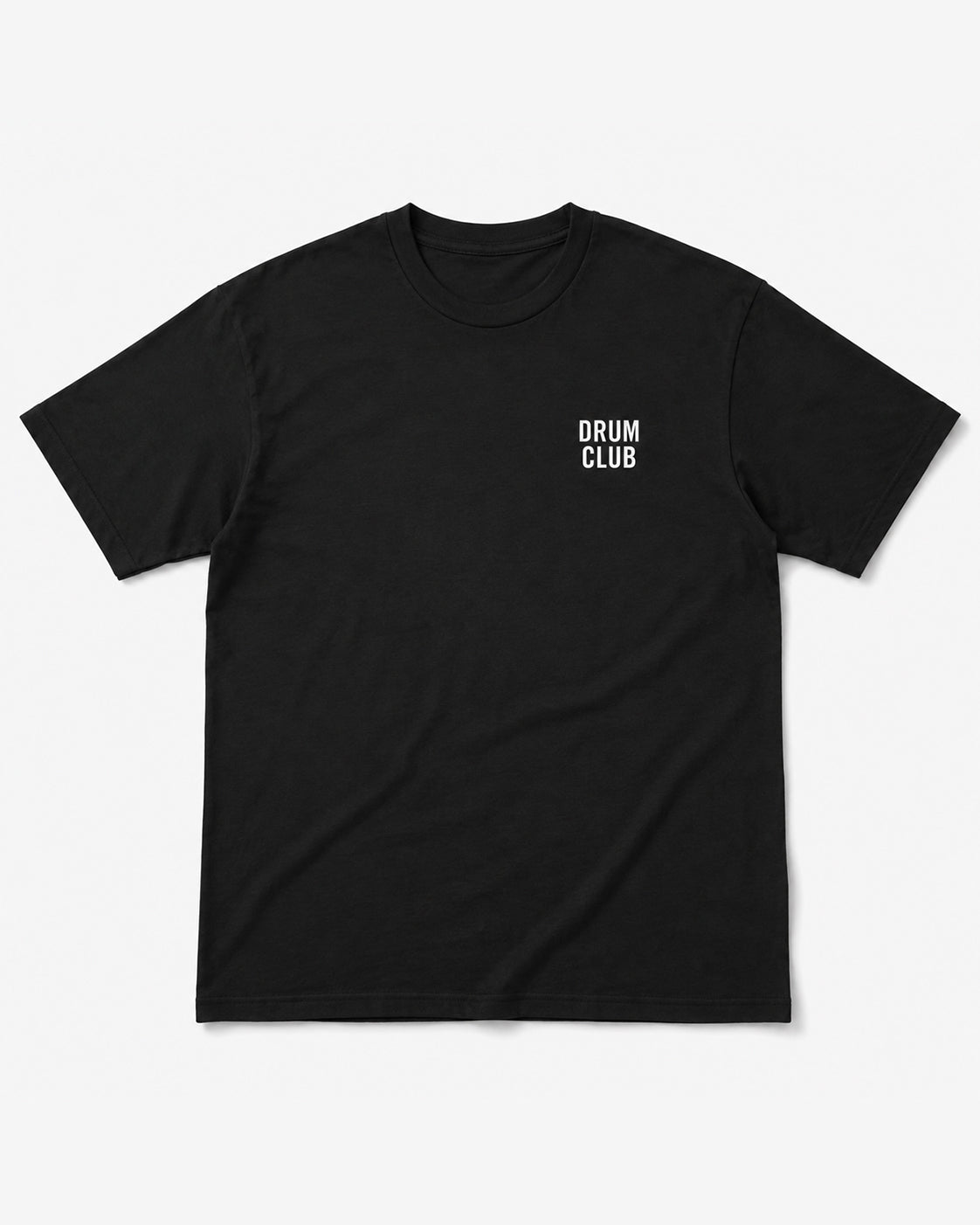 Black Drum Club Global logo t-shirt shown as a flat lay on a light background.