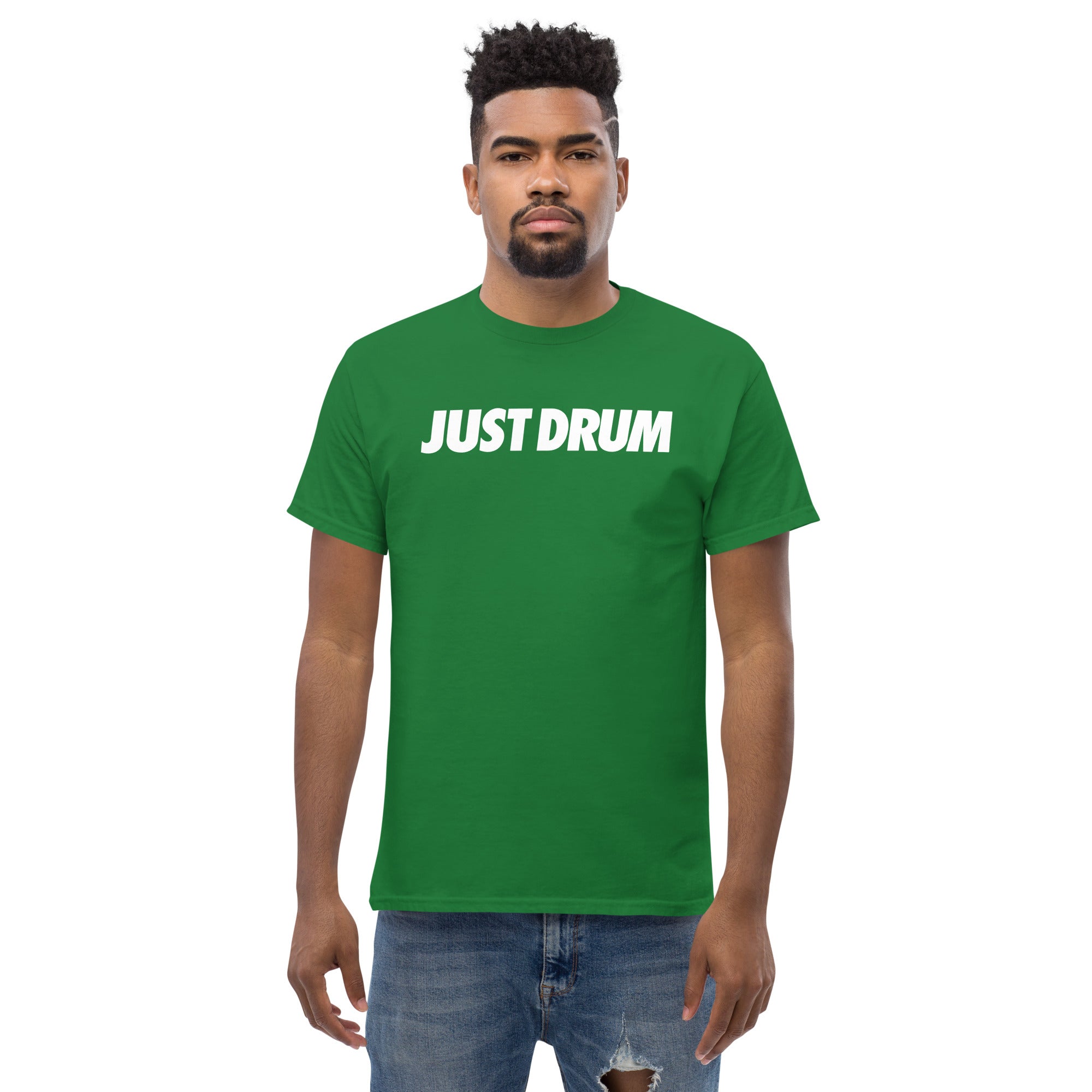 The Just Drum Green Tee from Drum Club Global — clean, intentional drummer apparel designed for percussionists who wear their identity with confidence. Shop now.