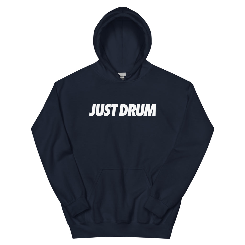 Navy Just Drum hoodie by DRUM CLUB with bold white JUST DRUM logo on the front