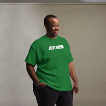Load image into Gallery viewer, Shop the green Just Drum unisex t-shirt from Drum Club Global. Bold JUST DRUM chest print, premium heavyweight fabric, perfect for drummers and music lovers. Ships from Nashville.
