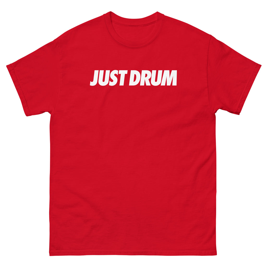Shop the Just Drum Tee in bold red from Drum Club Global. A premium unisex drummer t-shirt with bold JUST DRUM chest print — built for drummers who take the craft seriously. Ships from Nashville.