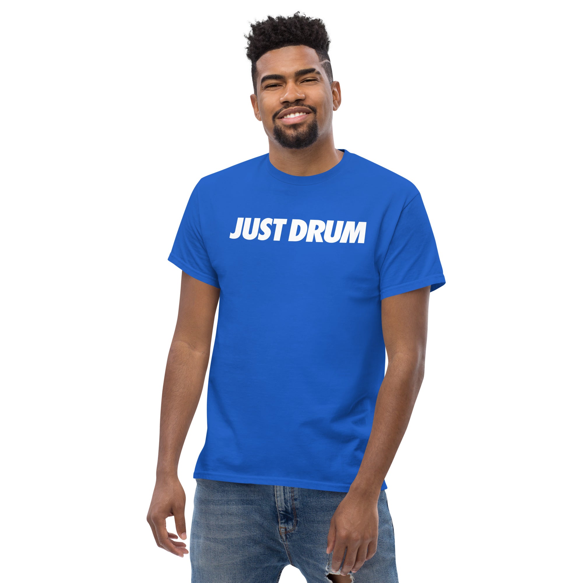 Drum Club Global Just Drum Tee in blue — wear your passion every day. Unisex drummer t-shirt with bold chest print built for the serious musician. Shop drumclubglobal.com