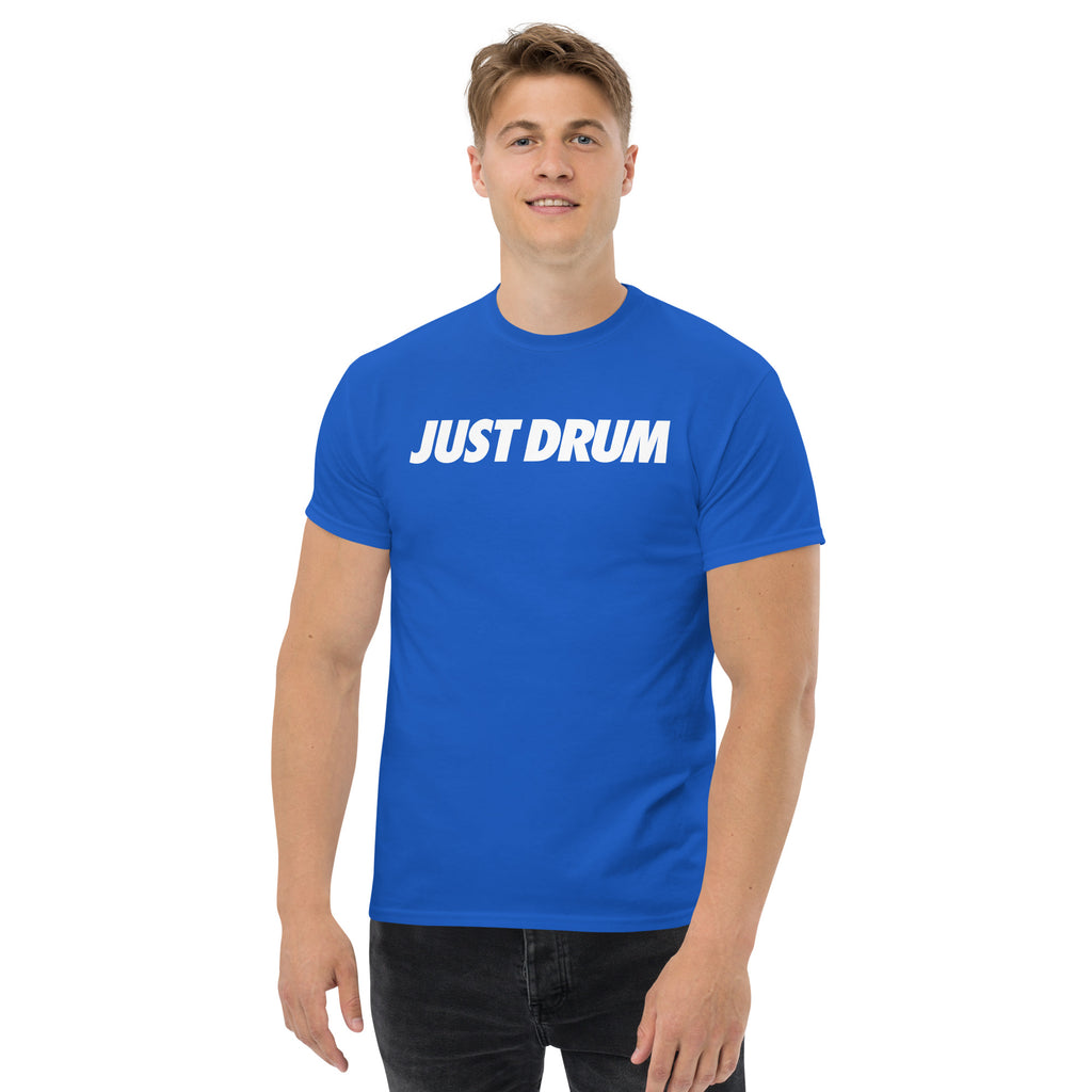 Shop the Just Drum Blue T-Shirt from Drum Club Global. Premium unisex drummer apparel built for percussionists, worship drummers, and music lovers everywhere. Nashville made.